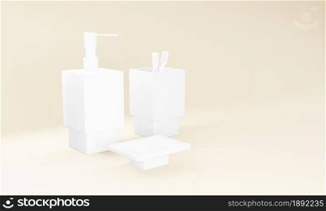 Packaging for liquid soap, white toothbrush container. Isolated on a beige background. Place for your text. Copy space. Mockup. Product presentation. 3D render. 3D rendering.