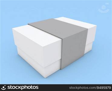 Packaging paper box with ribbon, mockup on blue background. 3d render illustration.. Packaging paper box with ribbon, mockup on blue background. 