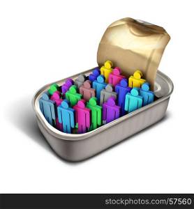 Packed like sardines idiom and over crowded metaphor as a crowd of diverse people icons inside a small can as a business or social and society issue for overpopulation or human services congestion with 3D illustration elements.