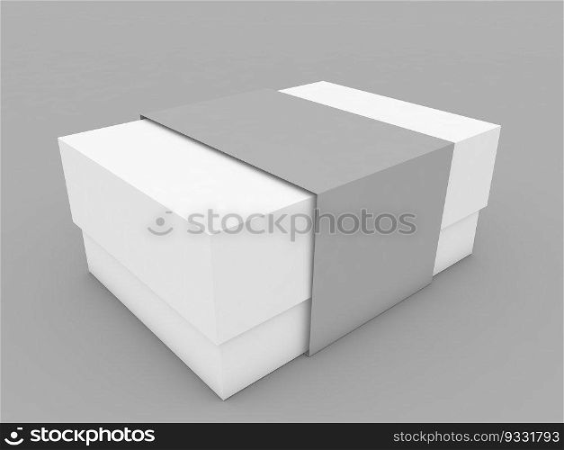 Packing paper box with ribbon, mockup on gray background. 3d render illustration.. Packing paper box with ribbon, mockup on gray background. 