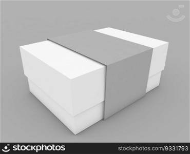 Packing paper box with ribbon, mockup on gray background. 3d render illustration.. Packing paper box with ribbon, mockup on gray background. 