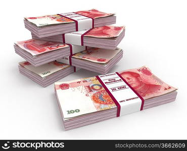 Packs of yuan on white background. 3d