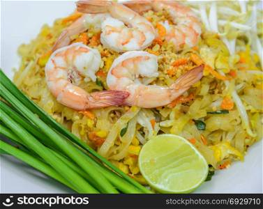 Pad Thai, Stir-fried rice noodle with egg, tofu and shrimp. Famous Thai street food in Thailand