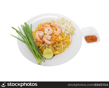 Pad Thai, Stir-fried rice noodle with egg, tofu and shrimp isolated on white background. Famous Thai street food in Thailand