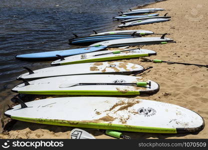 Paddling boards belonging to a paddling club resting upside down on the beach in Currimundi, Queensland, Australia