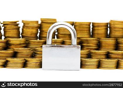 Padlock and coins isolated on white