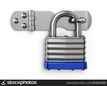 Padlock hanging on lock hinge. Security concept. 3d