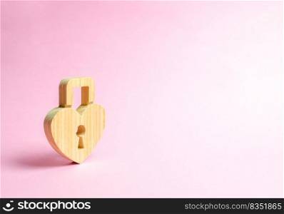 Padlock in the shape of a heart on a pink background. The secret of relationships and pickup rules. The concept of female intimate health. Strong love affair. Secrets, rumors and gossip.