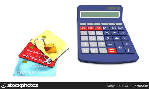 Padlock on generic credit cards with a calculator