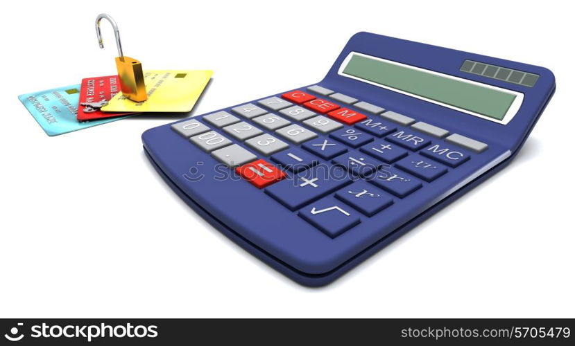 Padlock on generic credit cards with a calculator