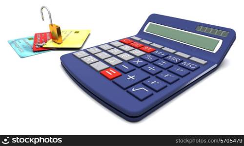 Padlock on generic credit cards with a calculator