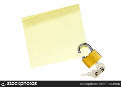 Padlock with empty sticky note isolated on white background