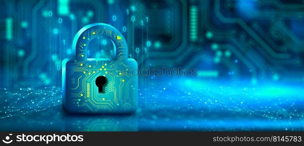 Padlock with Keyhole in data security on Converging point of circuit. Cyber data and information privacy. Future technology security, Network protection, and Modern safety digital Concept. 3D render.