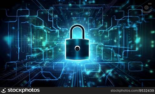 Padlock with Keyhole in data security on Converging point of circuit. Cyber security and information privacy. Technology security, Network protection, and Modern safety digital Concept. Generative ai.