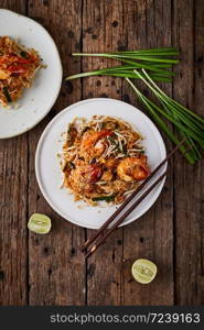 Padthai noodles with shrimps and vegetables.