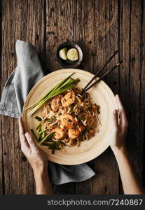 Padthai noodles with shrimps and vegetables.