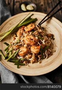 Padthai noodles with shrimps and vegetables.