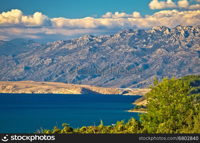 Pag island bridge and velebit mountain view, Croatia, Dalmatia