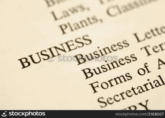 Page with the word business and categories of business forms.