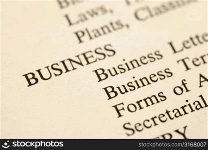 Page with the word business and categories of business forms.