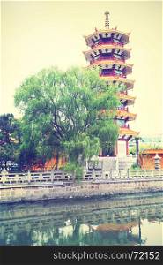 Pagoda in Shanghai, China. Retro style image.