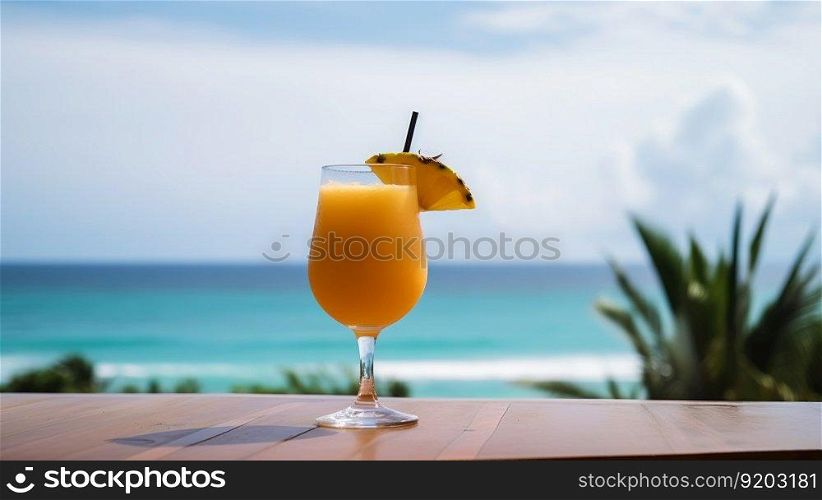 Pain Killer cocktail on background with blue sea and sky tropical background. Generative AI.. Pain Killer cocktail on background with blue sea and sky tropical background. Generative AI