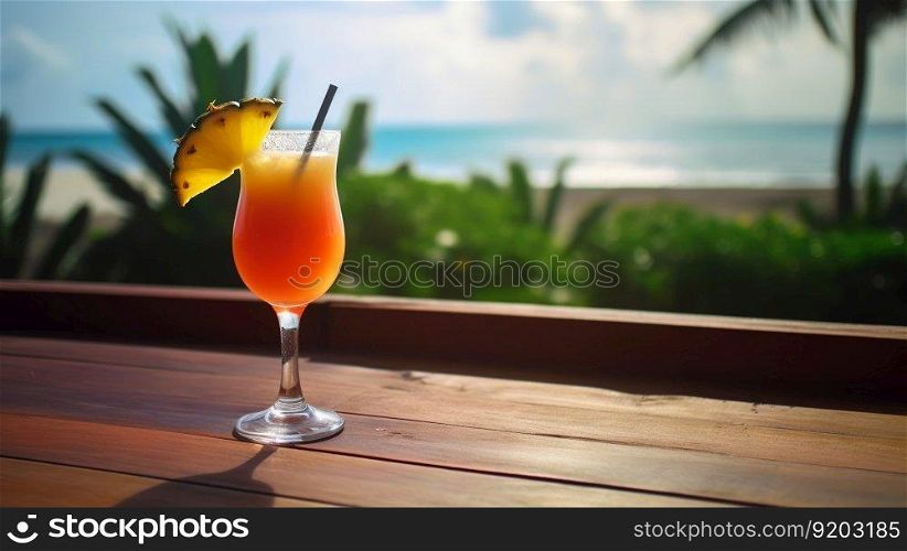 Pain Killer cocktail on background with blue sea and sky tropical background. Generative AI.. Pain Killer cocktail on background with blue sea and sky tropical background. Generative AI
