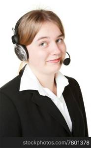 painful customer young business woman with headset rolls eyes
