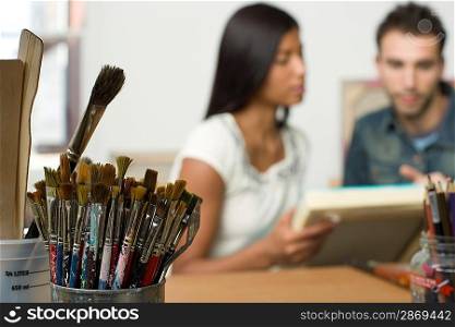 Paint Brushes on Artist&acute;s Work Table