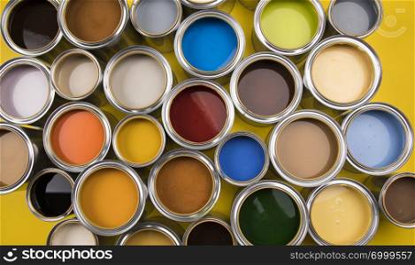 Paint cans color palette, yellow background