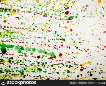 Paint drops on the white paper. Abstract colored paint drops background. Over white.