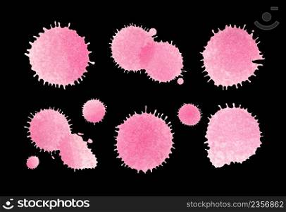 Paint pink splash set. Pink blots isolated on black background. Artistic pink paint splashes and drops. . Set of pink watercolor blots isolated on white