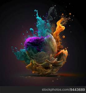Paint splash, oil, liquid, smoke,  steam, bubbles, turbulence illustration on black background created by AI