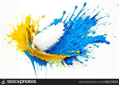 Paint spray spalsh blot in ukrainian blue and yellow colors. Generative AI. High quality illustration. Paint spray spalsh blot in ukrainian blue and yellow colors. Generative AI