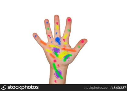 Paint-stained hand isolated on white background