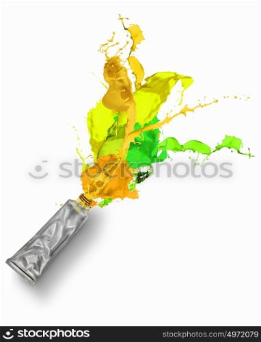 Paint tube. Image of paint tube with color splashes