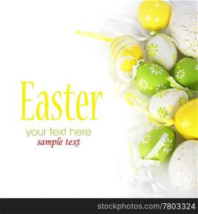Painted Colorful Easter Eggs on white background (with sample text)