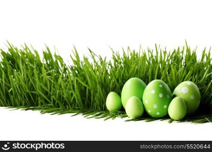 Painted Easter eggs hidden in the grass, isolated on white with copy space