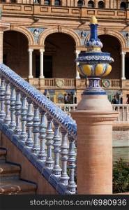 Painted, glazed finial and bridge balustrade, Azulejo ceramic tilework, located at Plaza de Espana, Seville, Spain.