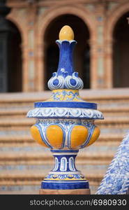 Painted, glazed finial of a bridge balustrade, Azulejo ceramic tilework, located at Plaza de Espana, Seville, Spain.