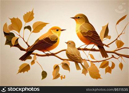 Painted golden birds on a branch with leaves. Generative AI design. Painted golden birds on a branch with leaves. Generative AI