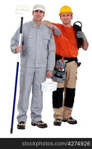 Painter and electrician standing on white background