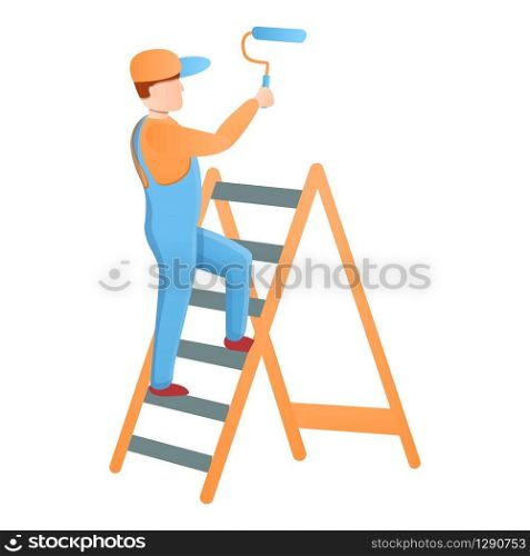 Painter guy on a stepladder icon. Cartoon of painter guy on a stepladder vector icon for web design isolated on white background. Painter guy on a stepladder icon, cartoon style