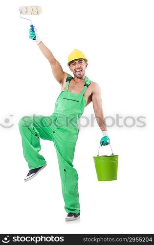 Painter in green coveralls on white