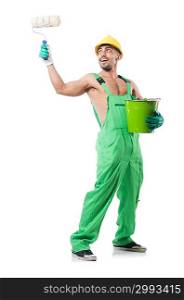 Painter in green coveralls on white