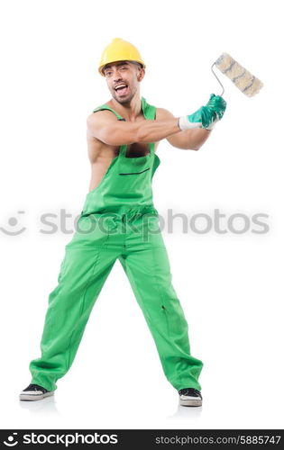 Painter in green coveralls on white