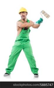 Painter in green coveralls on white