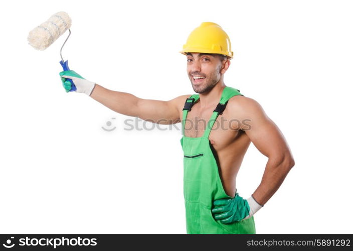 Painter in green coveralls on white