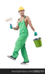 Painter in green coveralls on white