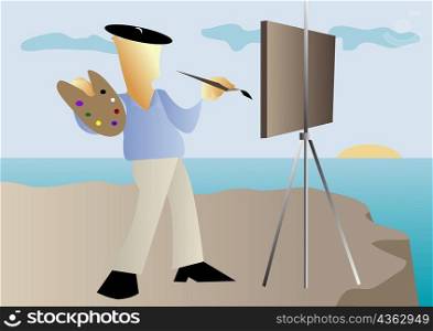 Painter painting a picture on an easel